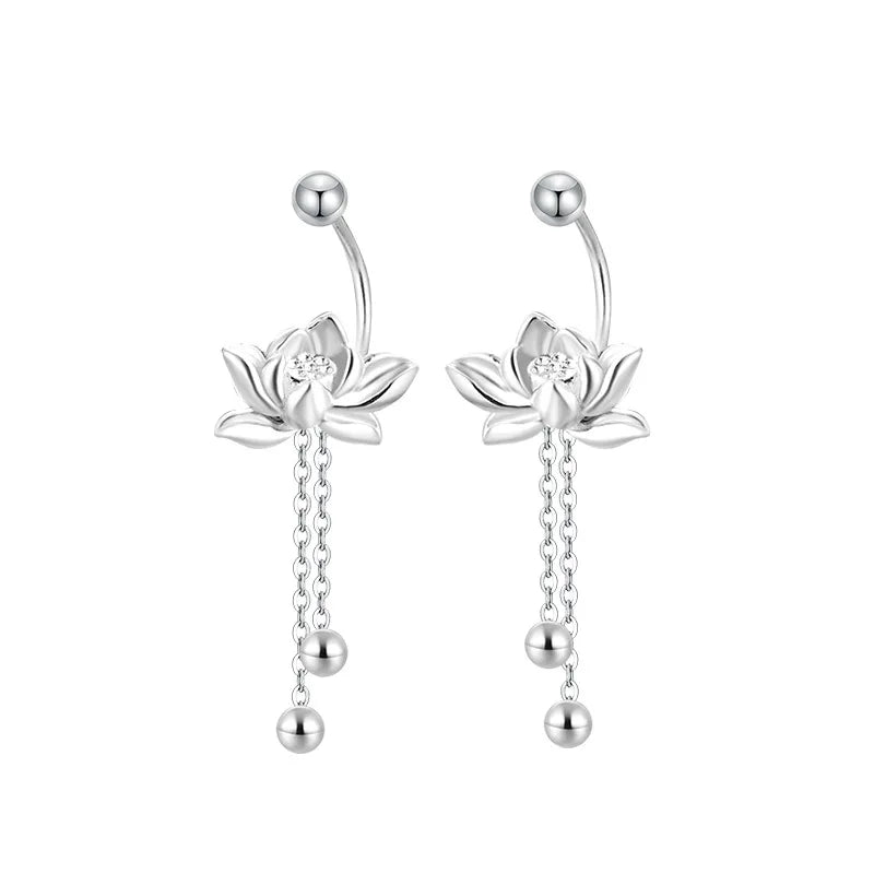 Sterling Silver Flower Stud Earrings with Tassel - Vintage Irregular Jewelry for Women