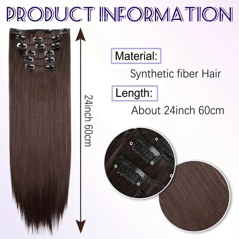 6-Piece Set Long Straight Clip-In Hair Extensions - 24 Inch Full Head Styling