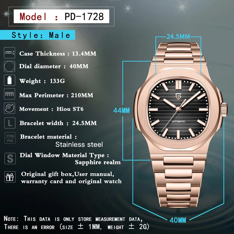 Luxury Automatic Men's Watch with Rose Gold Finish Waterproof Mechanical Wristwatch