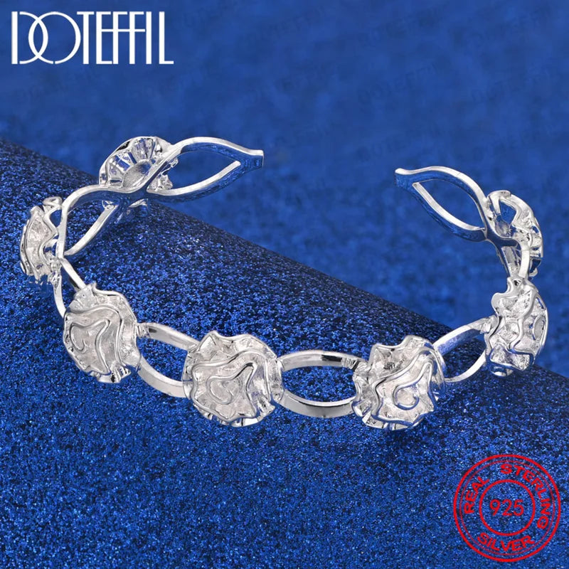 925 Sterling Silver Rose Flower Open Bangle for Women - Elegant Party Jewelry