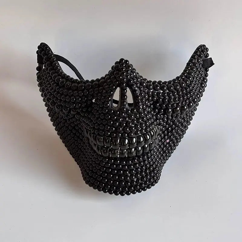 Handmade Ghost Rider Carnival Mask with Pearl Decor - Spooky Unisex Half Face Halloween Mask