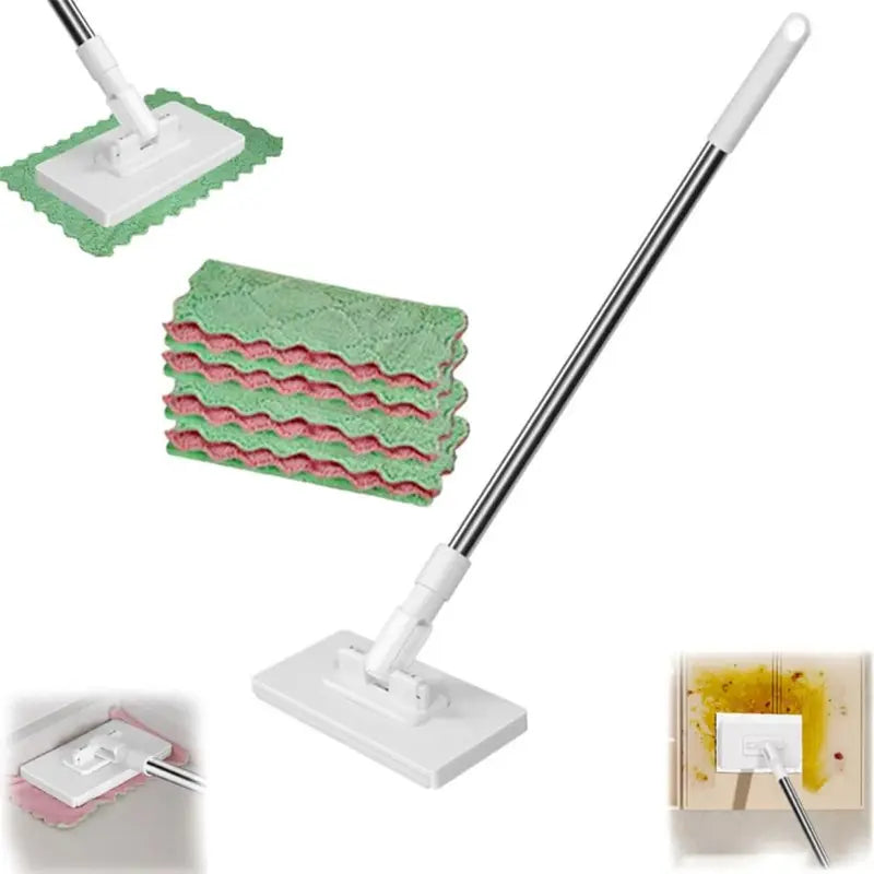 Reusable Handheld Mop with 360° Rotating Head and Cloth Clips, Eco-Friendly Cleaning Tool