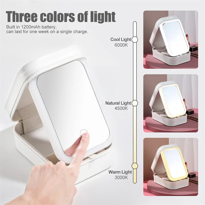 Travel Makeup Brush & Jewelry Storage Bag with LED Lighted Mirror