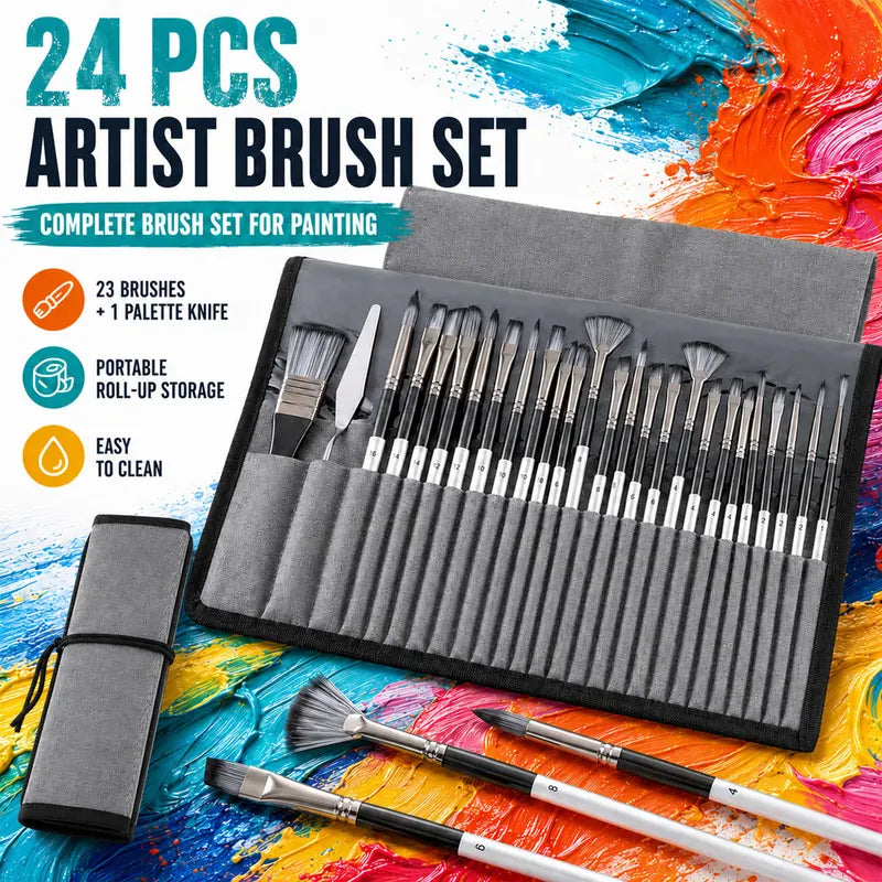 24-Piece Artist Paint Brush Set with Synthetic Brushes, Palette Knife & Storage Case for Acrylic Watercolor Oil & DIY Crafts