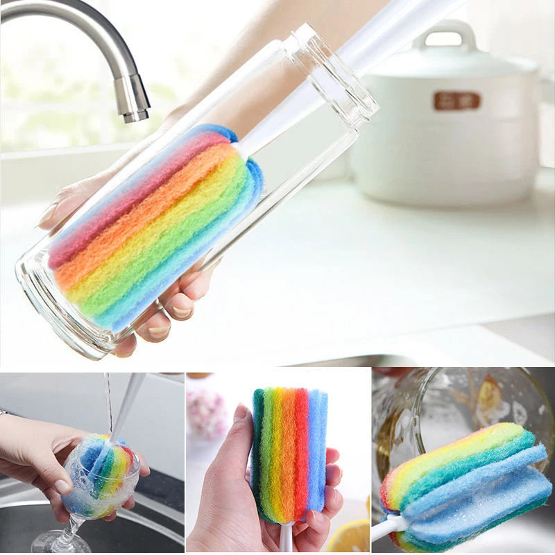 Rainbow Sponge Bottle Brush with Long Handle - Reusable Glass & Mug Cleaning Tool