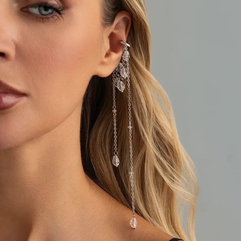 Minimalist Transparent Crystal Tassel C-Shaped Clip Earrings for Women