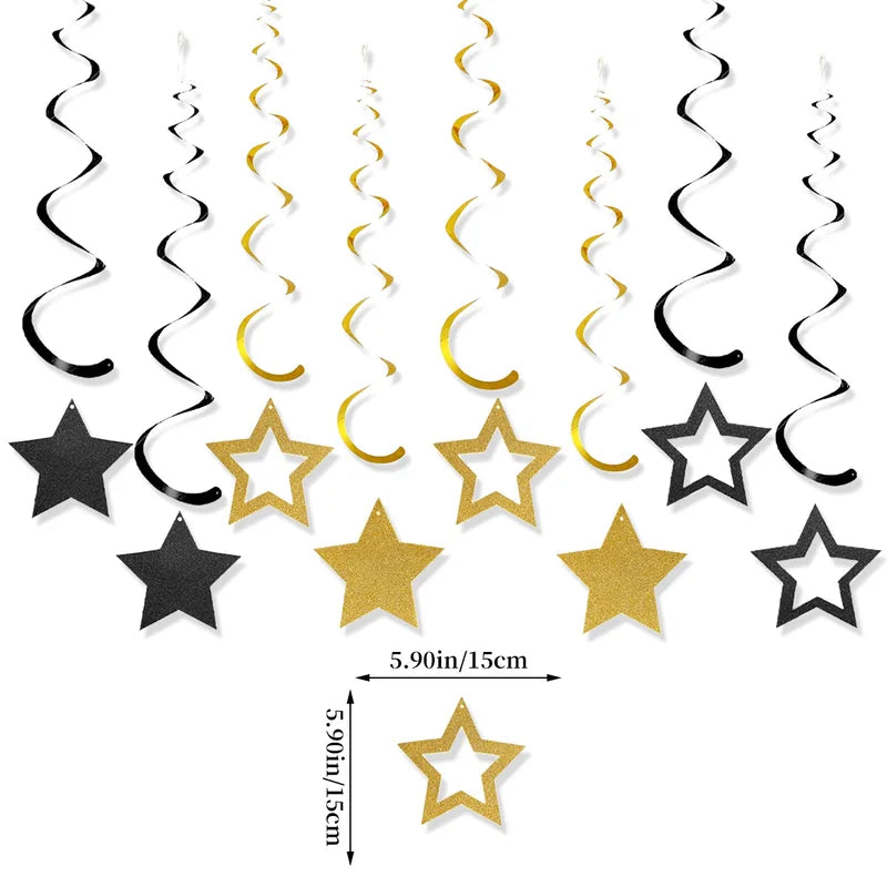 Graduation Hat Star Banner Hanging Decorations - Black Gold Party Ornaments