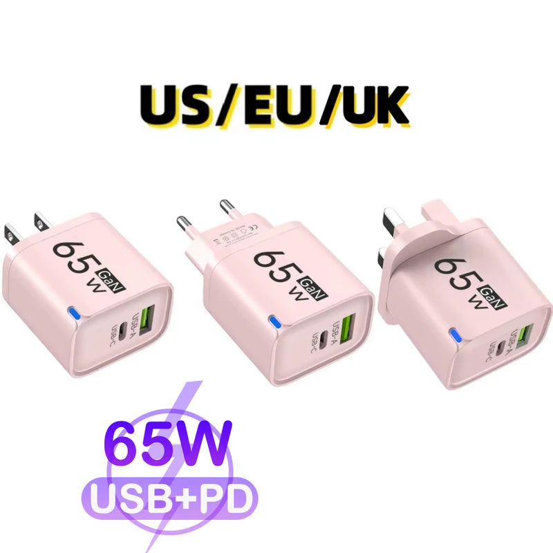 GaN 65W Fast USB-C Charger with Dual Ports, Universal Compatibility, Compact & Travel-Friendly
