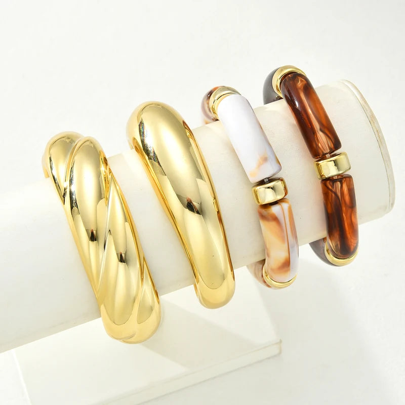 Set of 4 Geometric Wide Metal Bangles for Women - Minimalist Chunky Cuff Jewelry