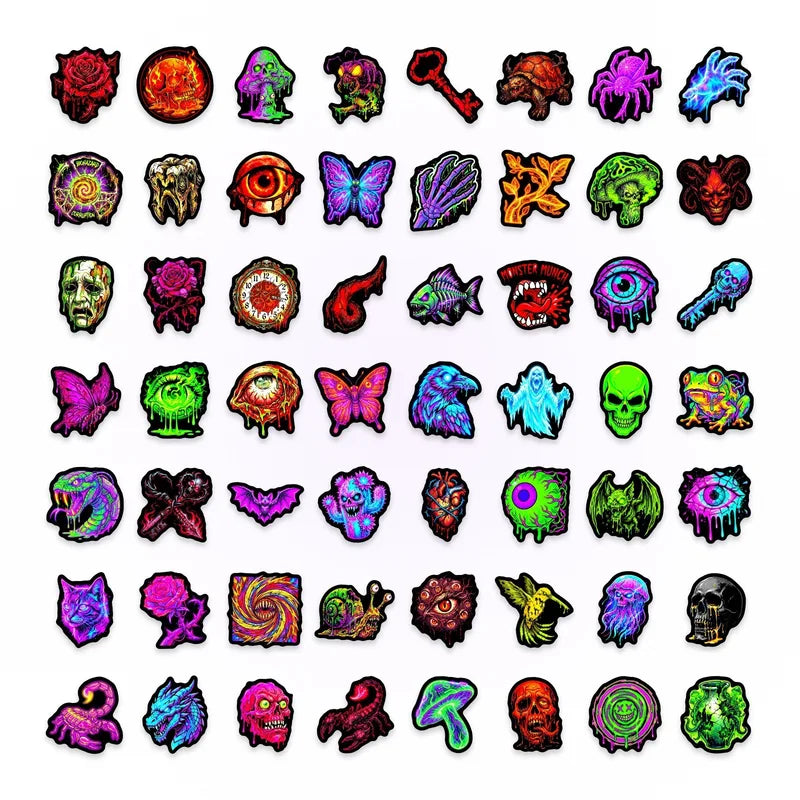 Fluorescent Skull Demon Horror Stickers - 50 Pack for Helmets, Phones, Luggage, & More
