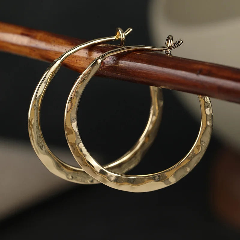 Large Gold Plated Hoop Earrings for Women - Vintage Hammer Pattern Jewelry