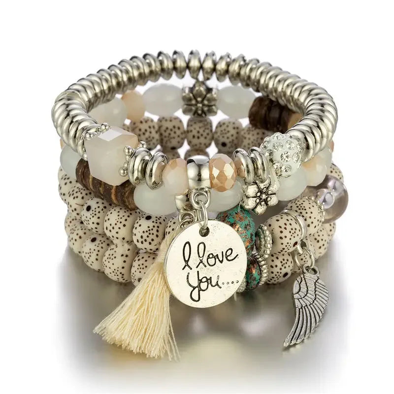 Bohemian Beaded Bracelet Set for Women with Letter, Wing, Tassel Charms, Elastic Chain Bangles, Boho Jewelry