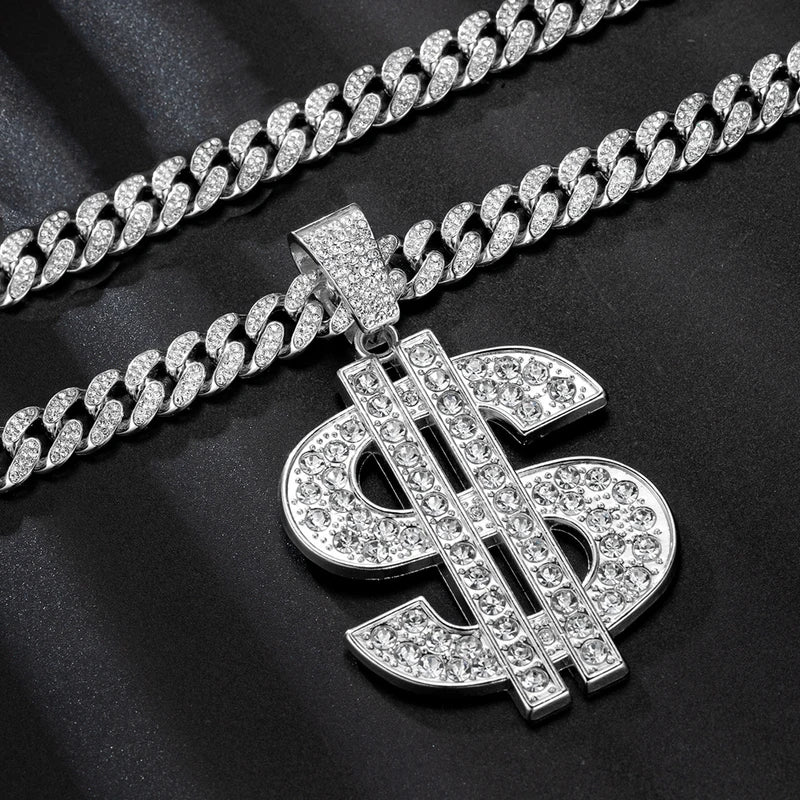 Hip Hop Dollar Pendant Necklace with Cuban Chain - Money Sign Jewelry for Men