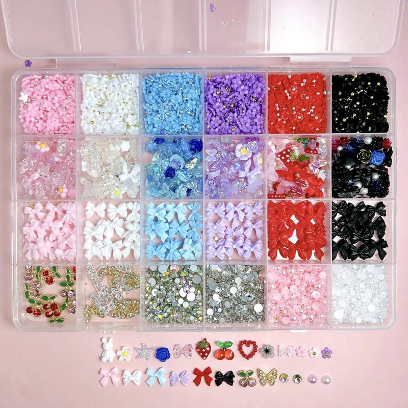 Mixed Nail Art Charms Set with Ribbons Bows Flowers Cherry Strawberries Metal Butterflies - DIY Nail Decorations