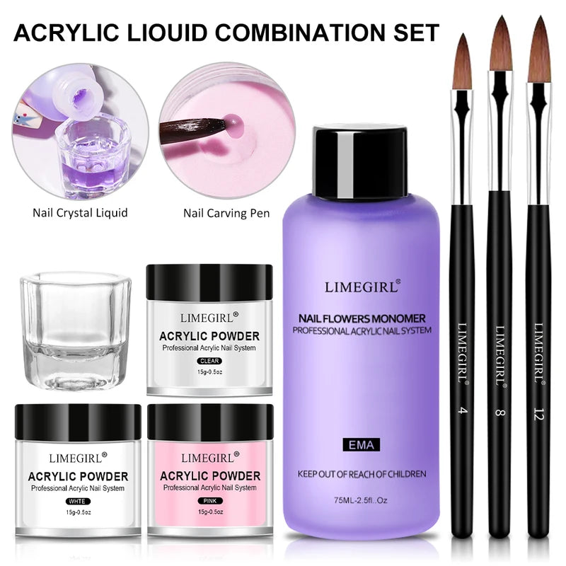Professional Manicure Set with Acrylic & Glitter Powders Nail Kit with Liquid and Crystal Decor