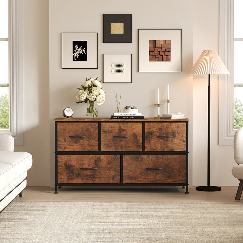 5-Drawer Fabric Dresser with Wooden Top and Metal Frame for Bedroom & Living Room Storage