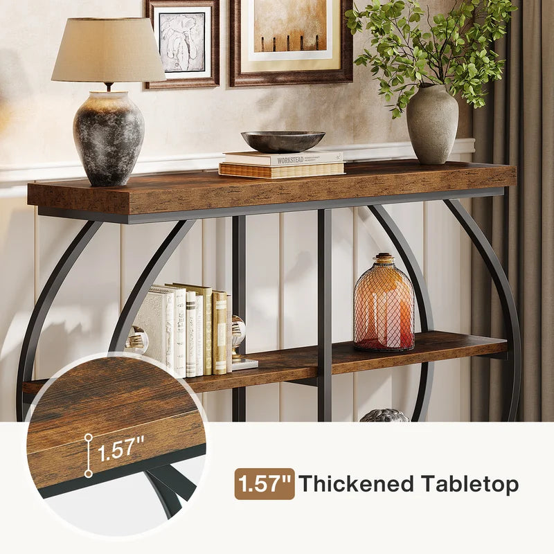 Industrial 3-Tier Console Table with Arched Metal Frame and Storage Shelves - 41.3 Inch Entryway or Living Room Table