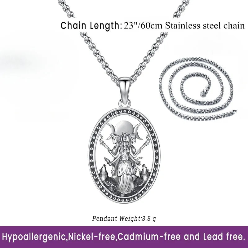 Triple Moon Goddess Necklace for Witches and Pagans - Hecate Pendant with Stainless Steel Chain