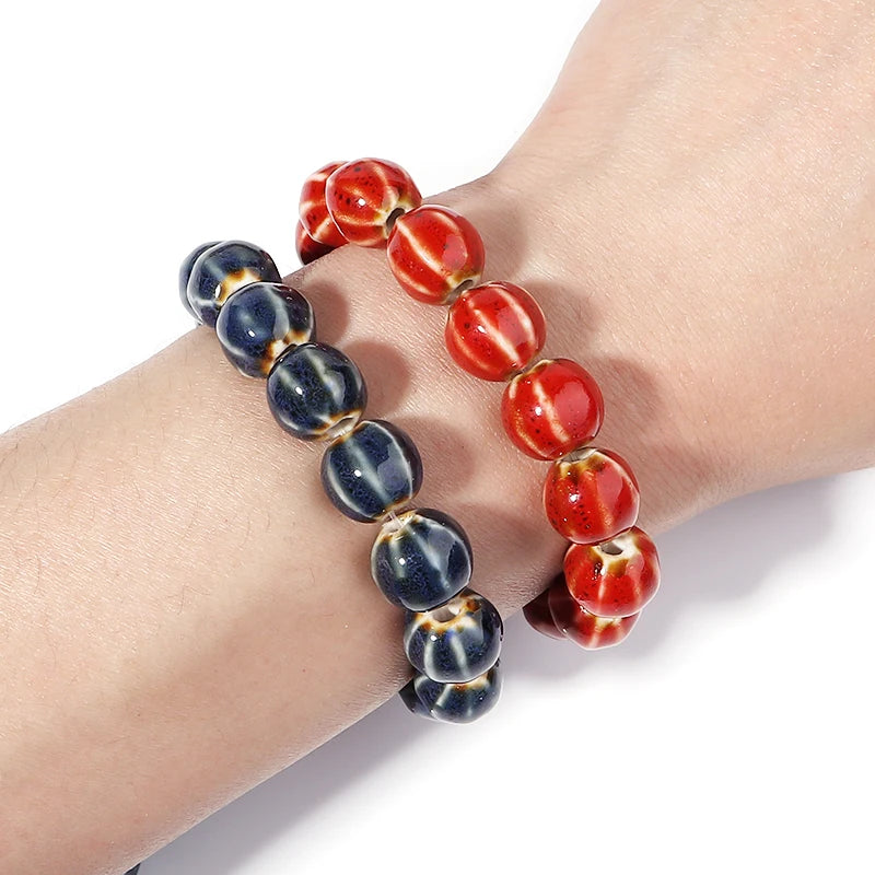 Pumpkin Shape Stripe Ceramic Beads for Jewelry Making - Colorful Floral Glaze, 11.5mm, 1 Strand
