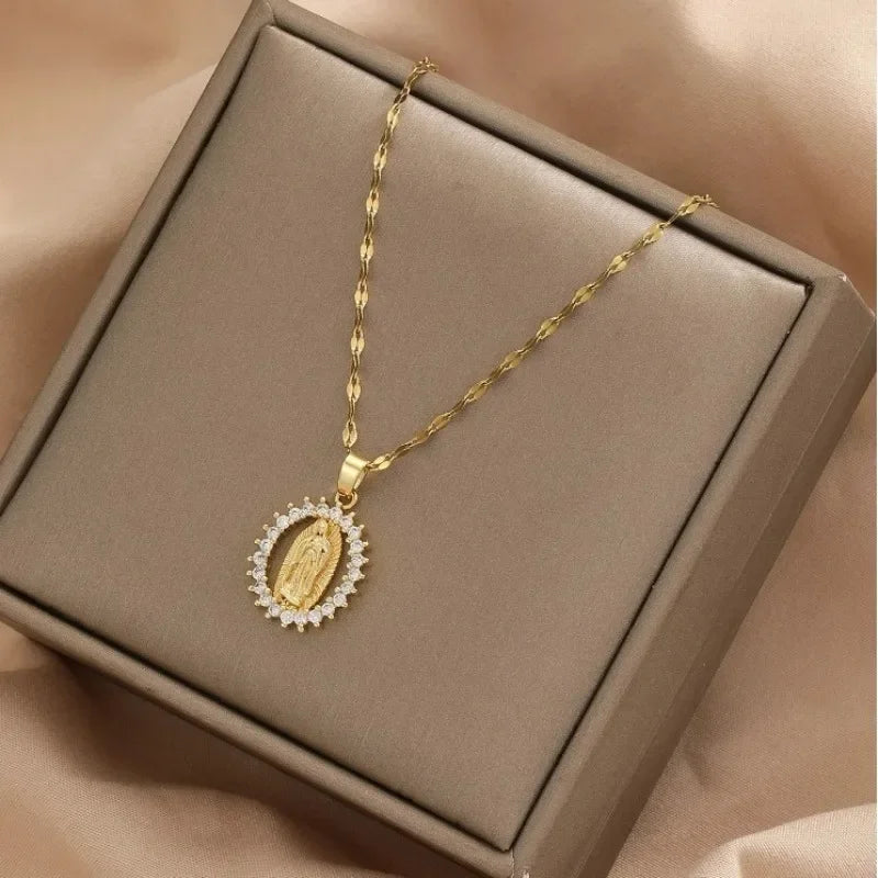 Gorgeous Women's Sky Star Micro Inlaid Zircon Necklace with Virgin Mary Pendant