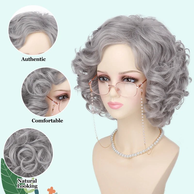 Gray Short Curly Wig Accessories 5-Piece Set for Women and Cosplay