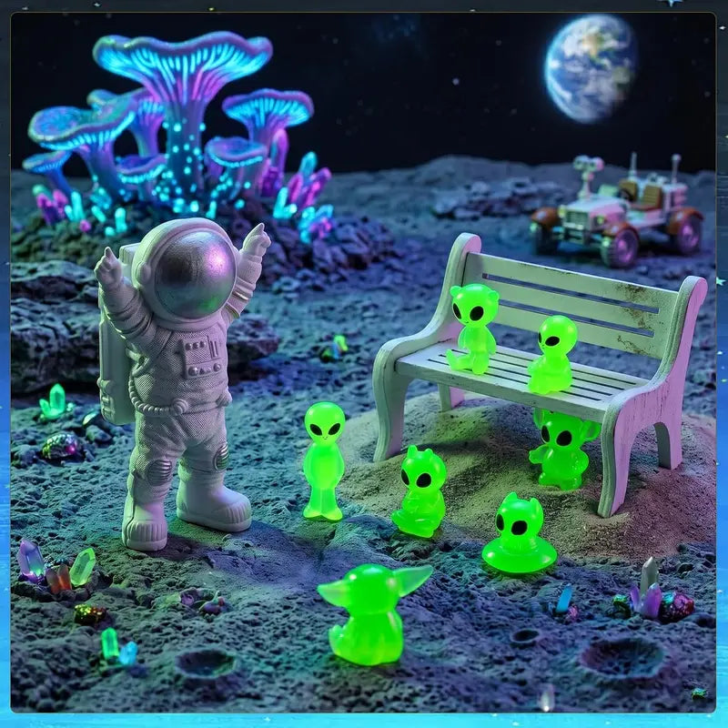 14Pcs Luminous Mini Alien Resin Figurines - Glow in Dark Space Party Decorations