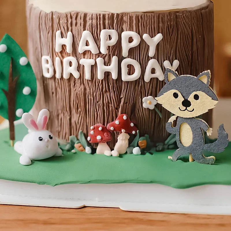 Cake Decoration Kit for Kids and Dollhouse - Bunny, Tree, Mushroom, Wolf, House, Fruit, Happy Birthday Toppers