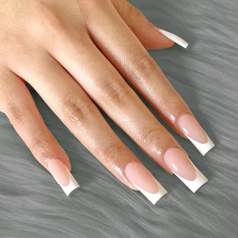 24PCS Rectangular White Fake Nail Tips - French Style Acrylic Manicure Set