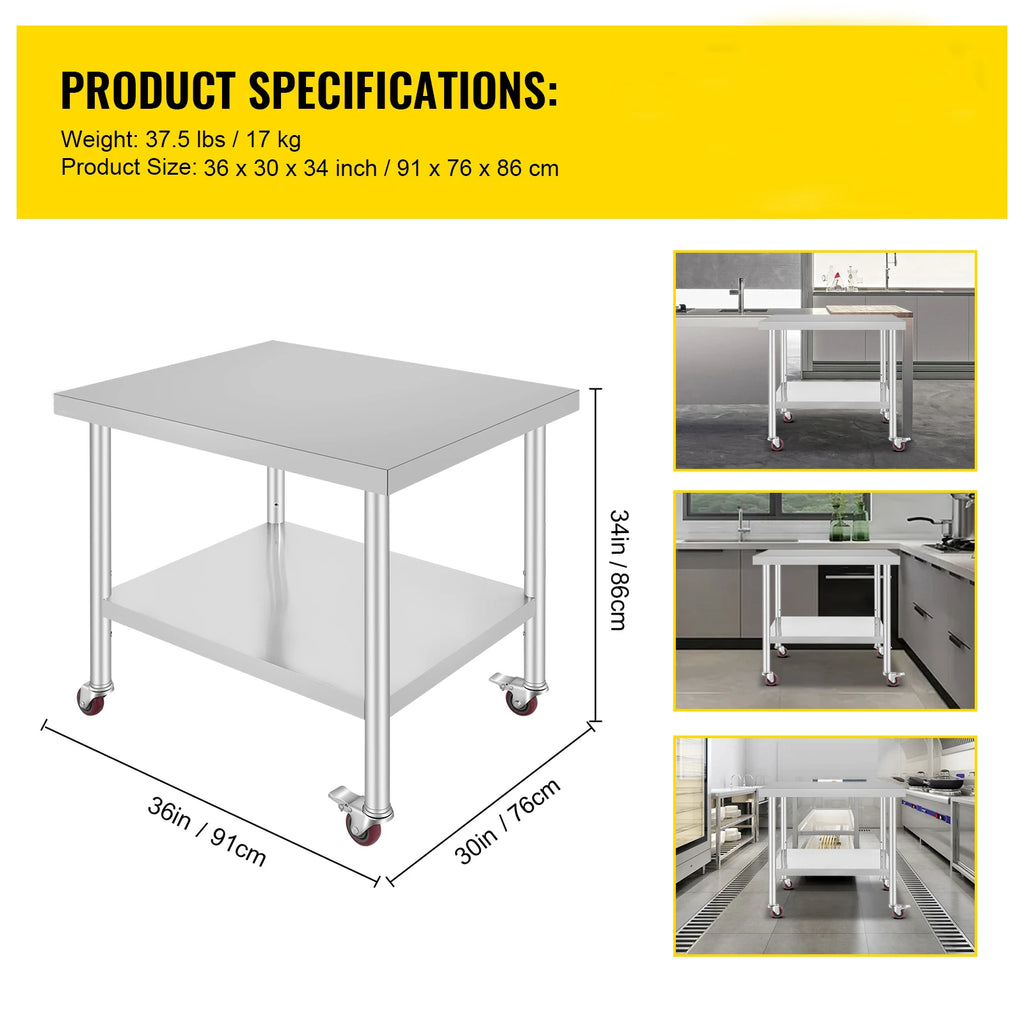 Stainless Steel Work Table with Casters - Commercial Kitchen & Storage Bench