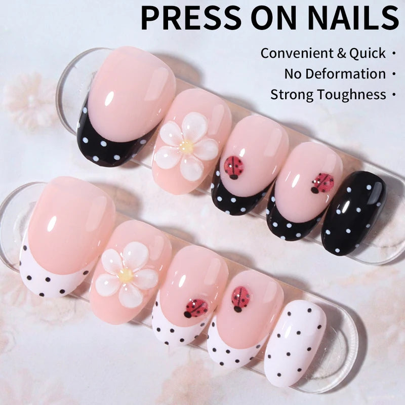 24Pcs Short Oval 3D Gel Flower Ladybug French Tip Press-on Nails Set