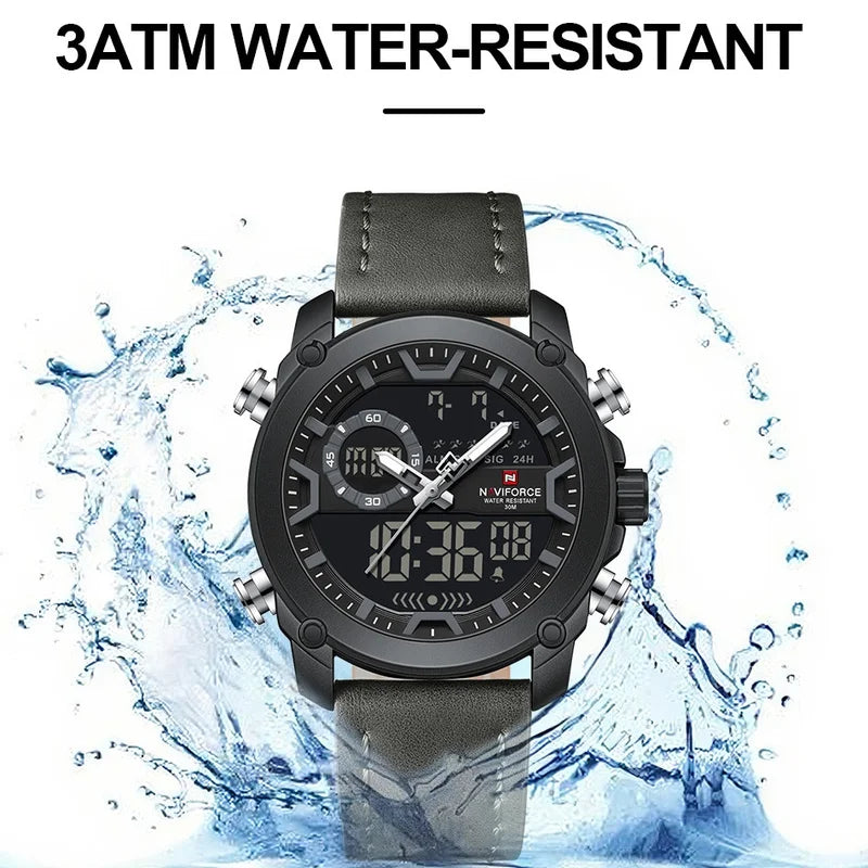 Men's Dual Display Sport Quartz Wristwatch Waterproof Leather Strap