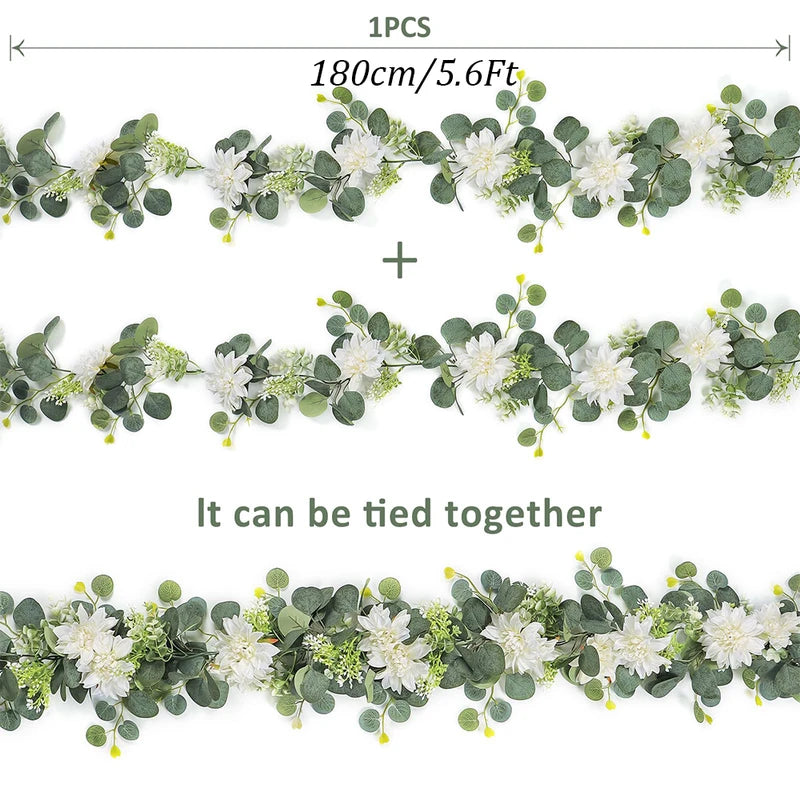 Artificial Garland with Eucalyptus and Dahlia Flowers for Wedding & Party Decor