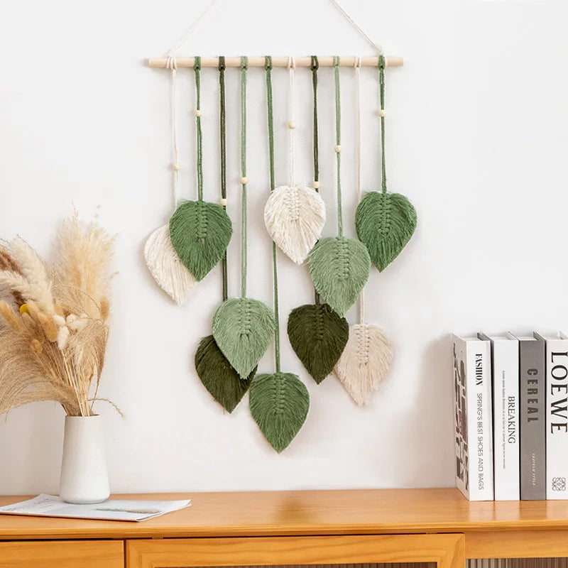 Handmade Woven Leaf Macrame Wall Hanging Bohemian Cotton Rope Decor for Bedroom & Living Room