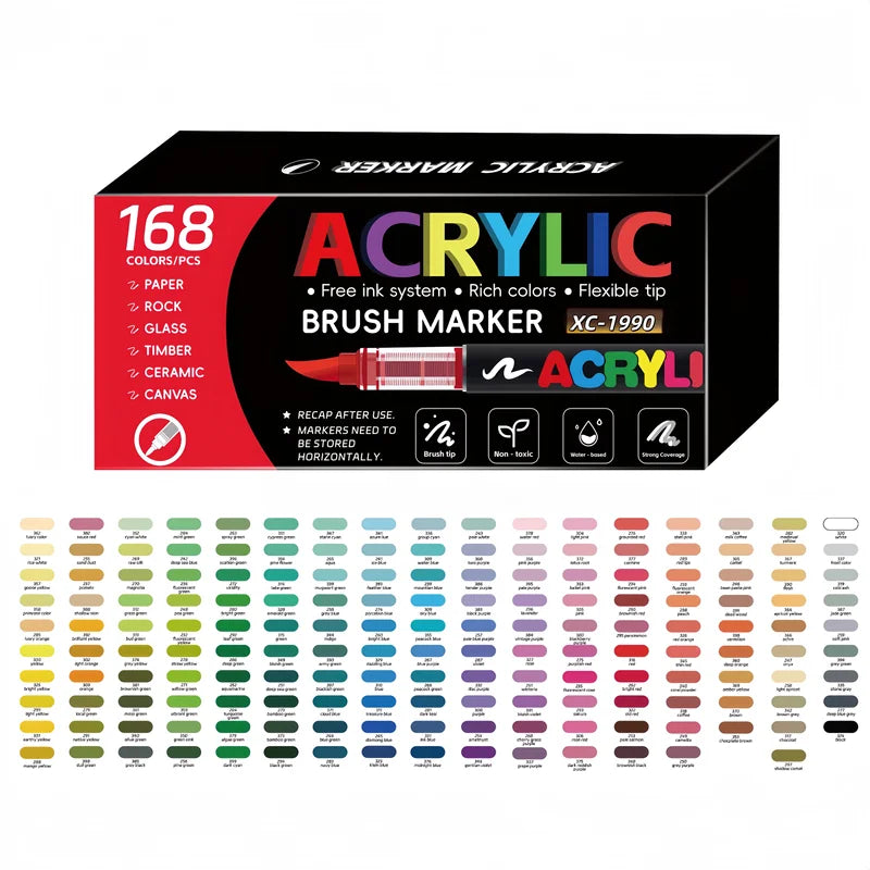 168 Colors Acrylic Paint Pen Set with Brush Tip for Rock Wood Canvas Art
