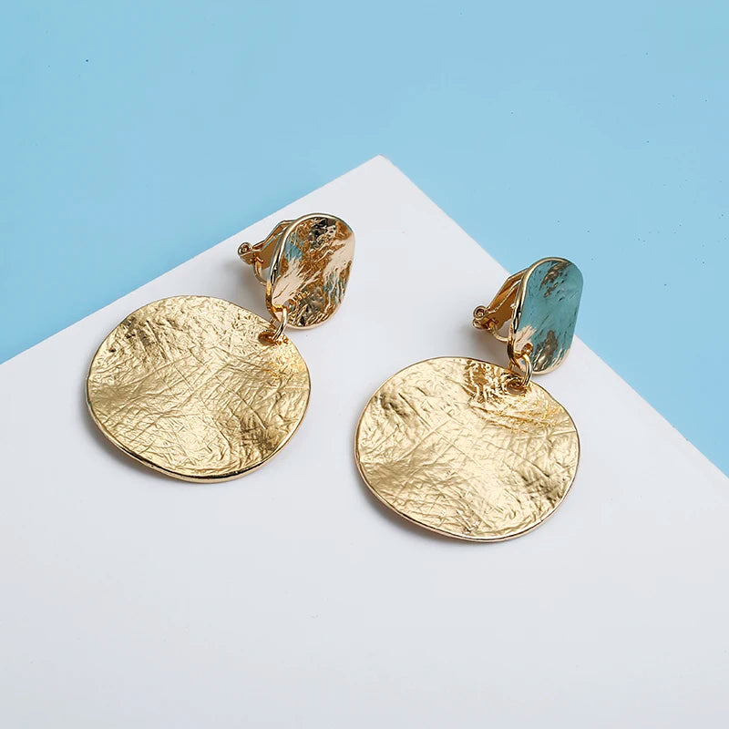 Vintage Metal Textured Round Disc Earrings - Geometric Statement Clip-Ons