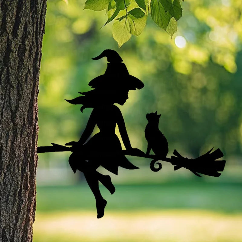 Witch & Cat Garden Decor - Durable Iron Halloween Outdoor Sculpture