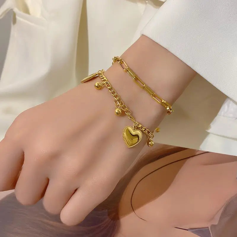 Women’s 2-Layer Heart Charm Chain Bracelet Stainless Steel Jewelry Trendy Gift