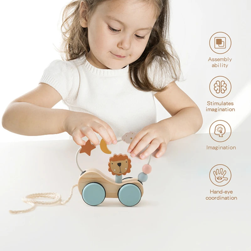 Montessori Wooden Baby Trailer Toys - Colorful Building Blocks & Dragging Car