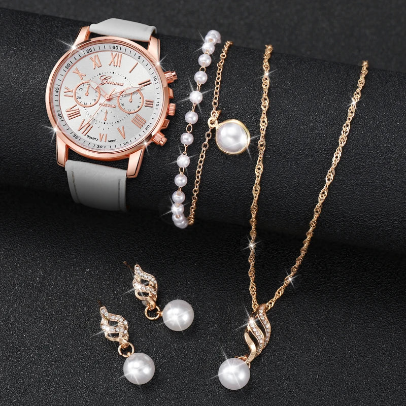 Women's Fashion Quartz Watch with Leather Band and Pearl Jewelry Set