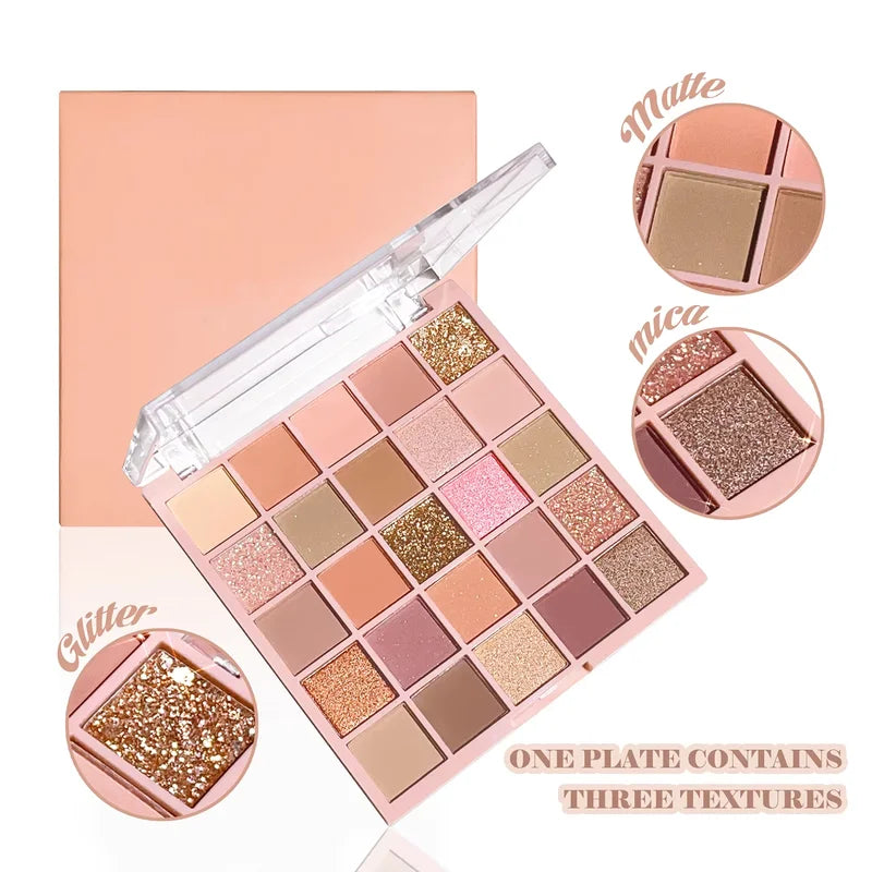 25-Color Eyeshadow Palette with Sparkling Powder & Pearl Sequin - Earth Tones & Bright Shades