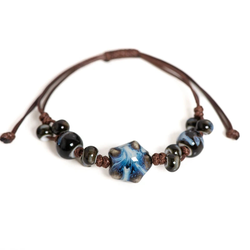Adjustable Handmade Ceramic Star Bracelet Vintage Crackle Glaze Womens Jewelry