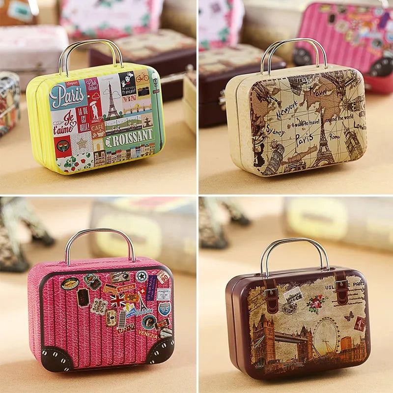 Mini Suitcase Candy Box Set - Rectangular Metal Food Storage Tin with Hinged Lid