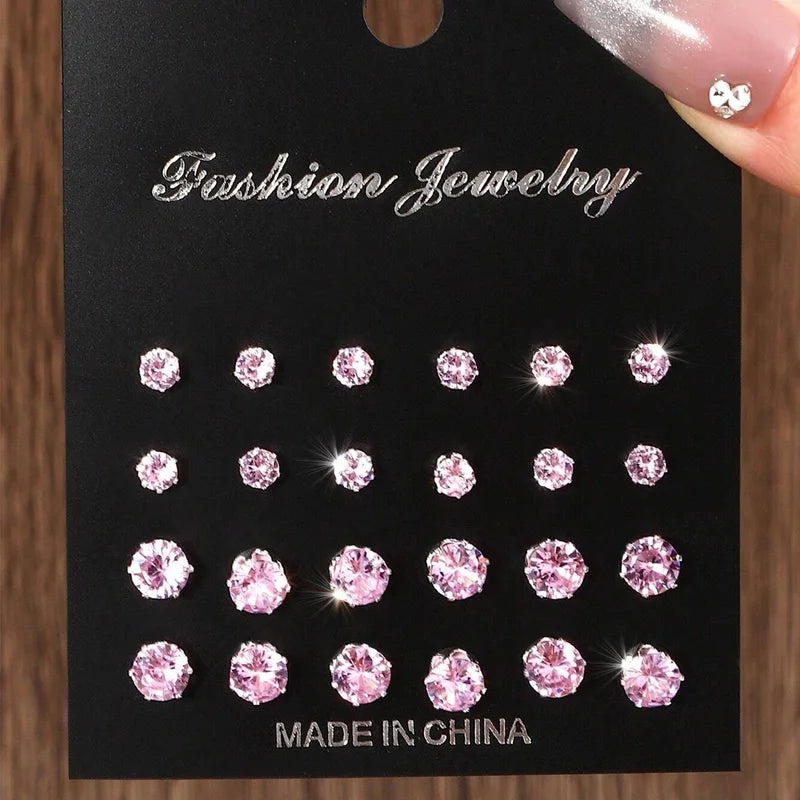 12 Pairs Cubic Zirconia Stud Earrings Set