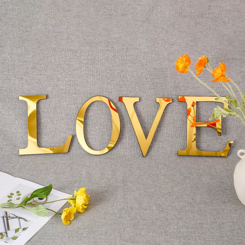 Gold 3D Mirror Letter Stickers for Wall Decor Acrylic Alphabet DIY Party Decoration