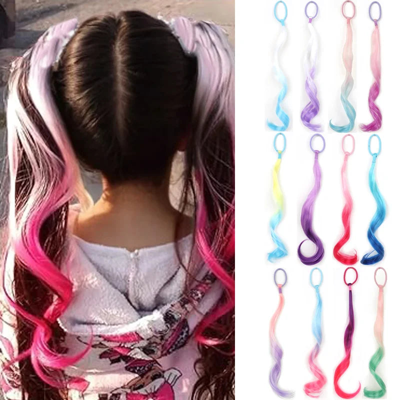 Lightweight 14-Inch Colored Synthetic Hair Extensions for Kids with Ponytail Elastic Tie