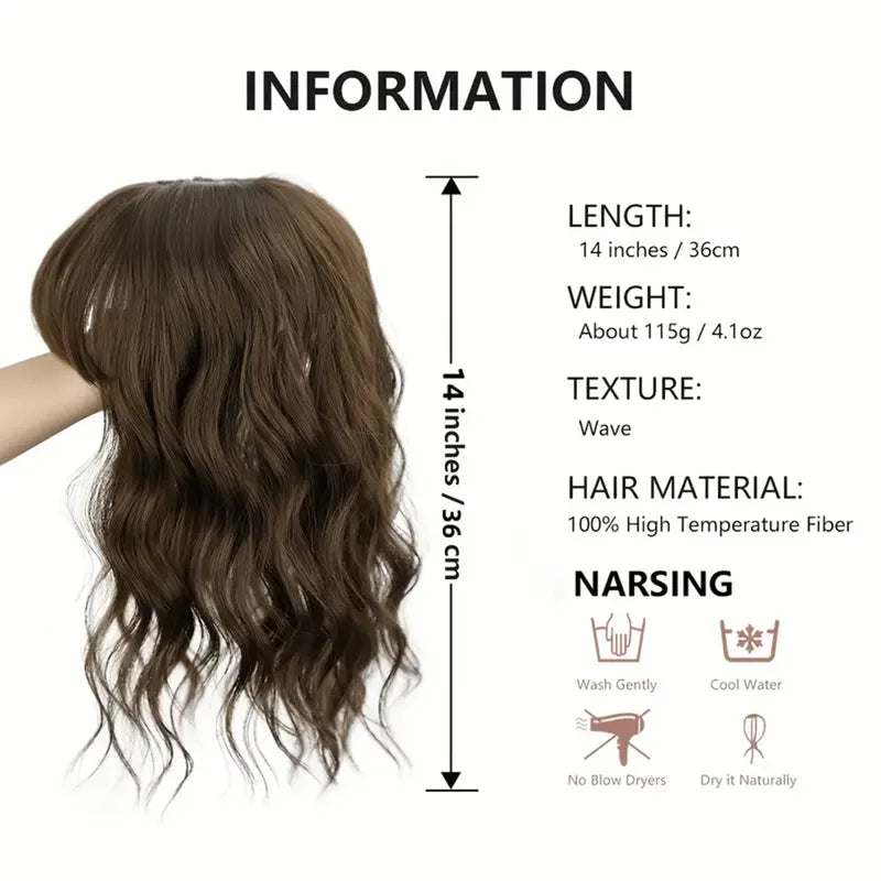 14 Inch Synthetic Wavy Clip-In Hair Topper with Bangs for Women - Curly Fluffy Hairpiece