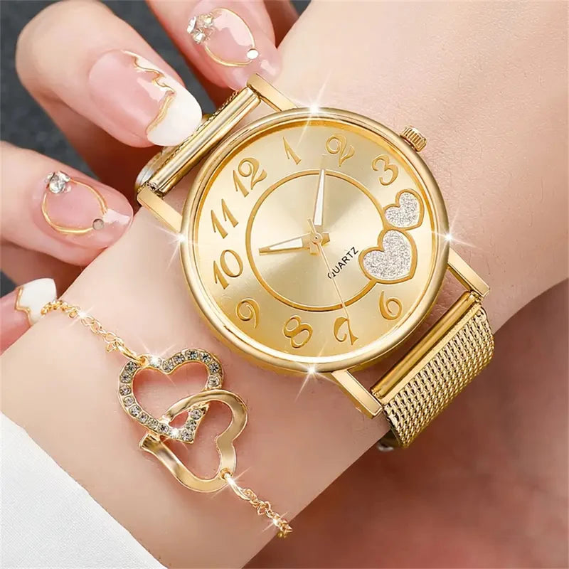 Heart Women's Watch Set with Butterfly Jewelry - Golden Quartz, Resin Band, Analog