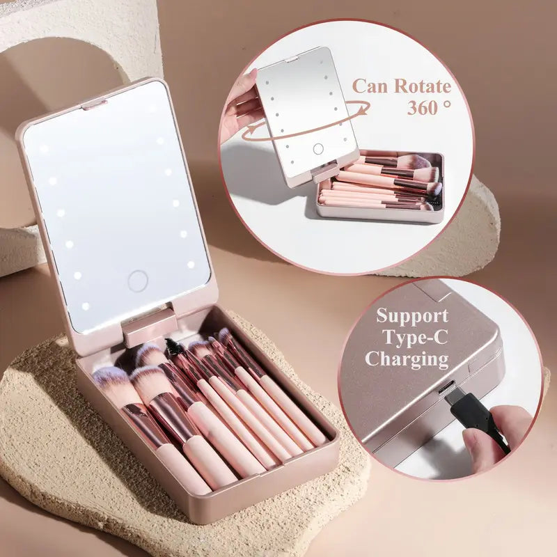 14-Piece Makeup Brush Set with LED Mirror - Travel Cosmetic Face & Eye Brushes
