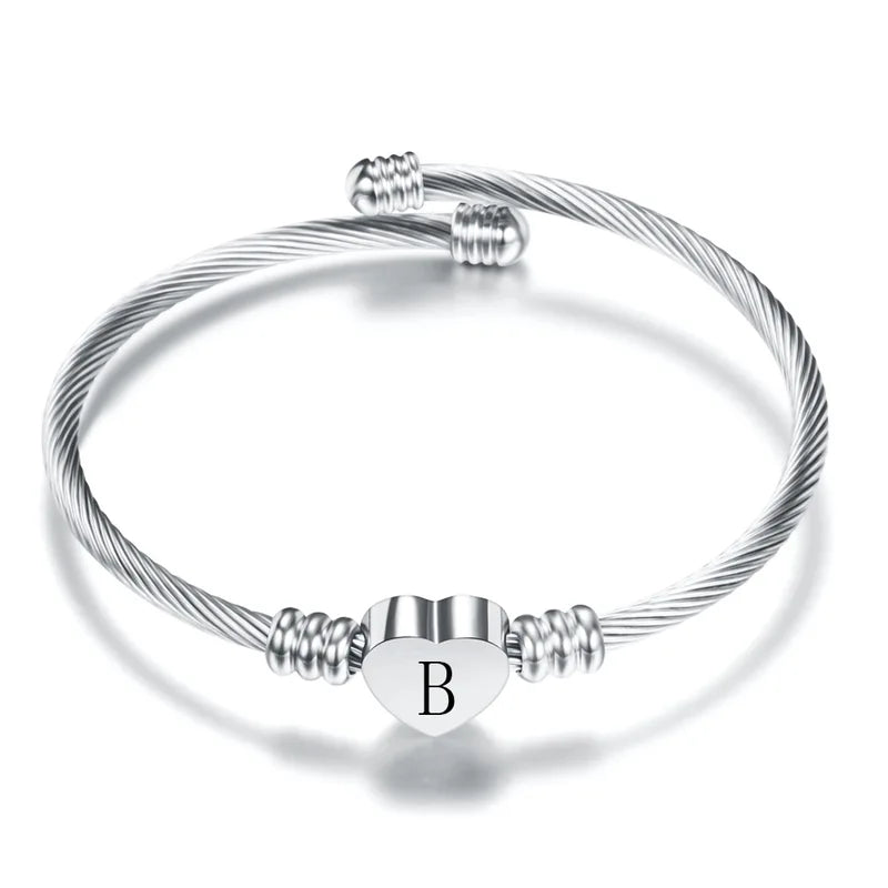 Initial Letter Alphabet Heart Charm Cuff Bracelet for Women - Stainless Steel Jewelry