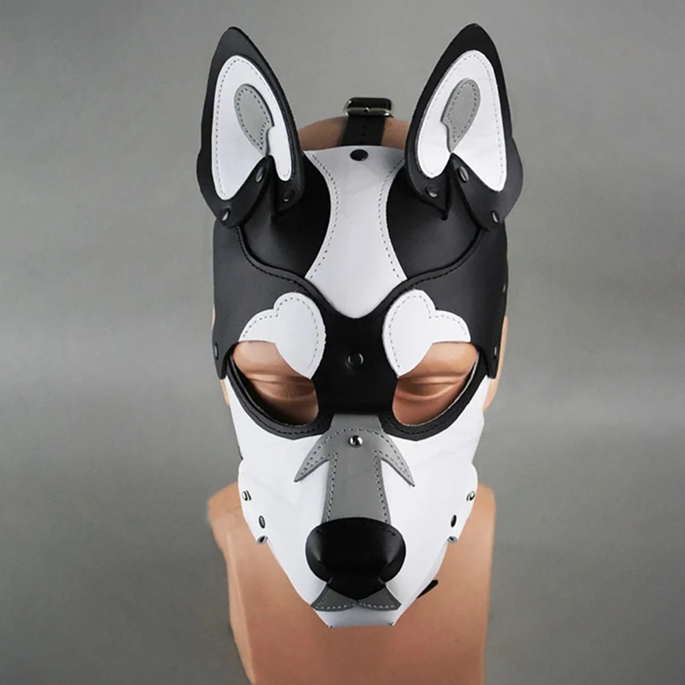 White and Black Puppy Cosplay Leather Full Face Mask for Role Play Halloween Costume